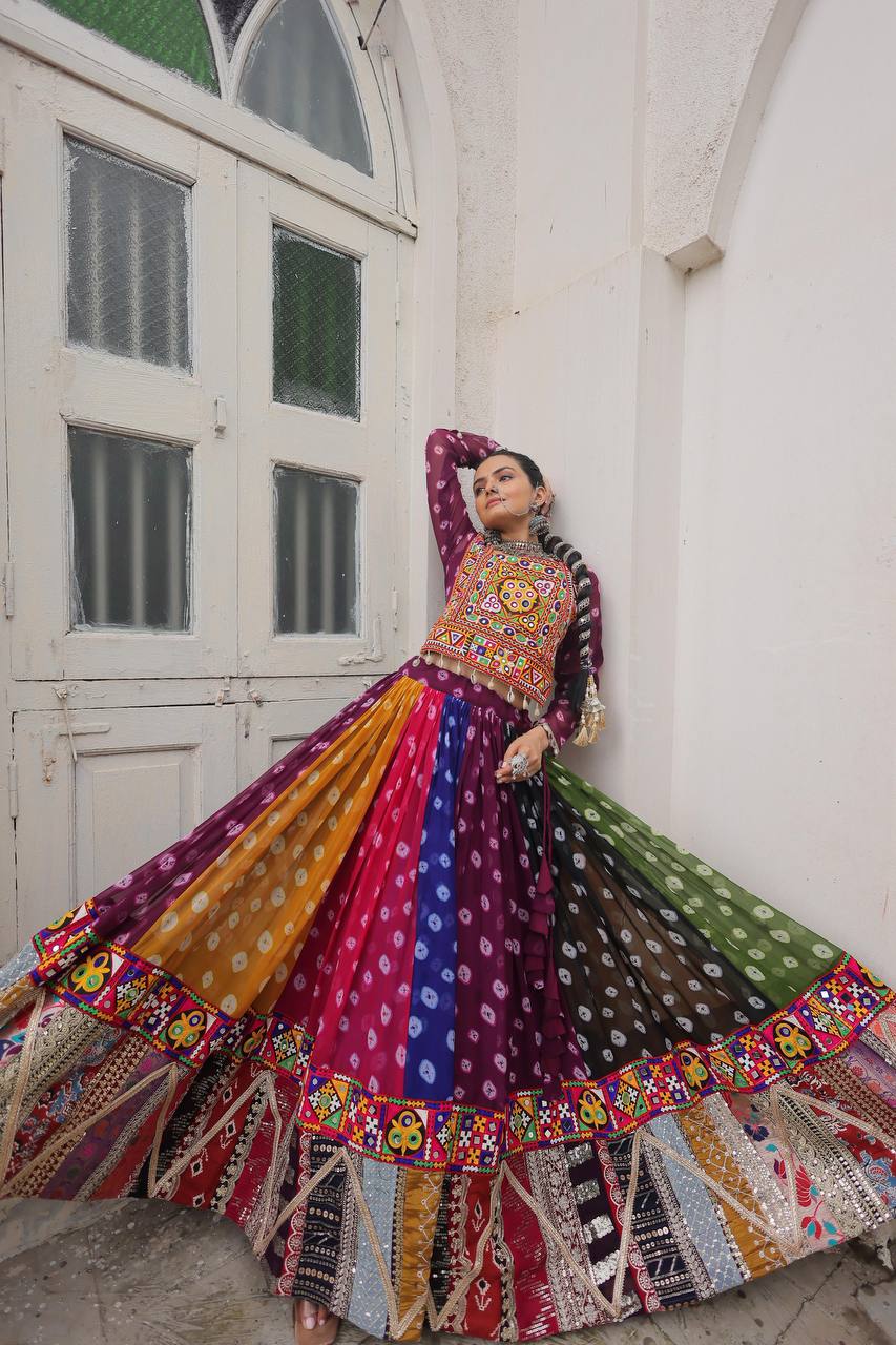 Navratri Wear Multi Color Printed Kutchi Gamthi Work Garba Lehenga Choli
