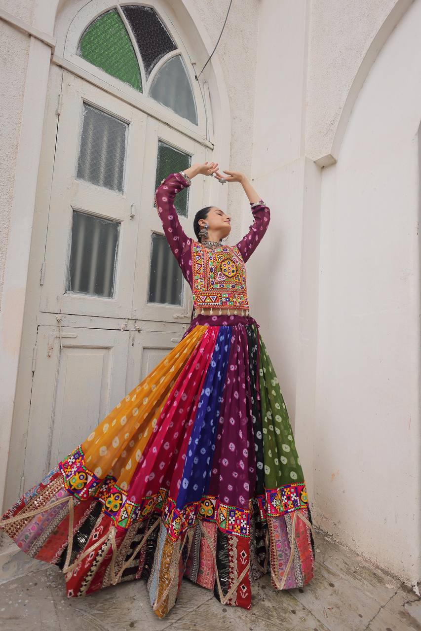 Navratri Wear Multi Color Printed Kutchi Gamthi Work Garba Lehenga Choli