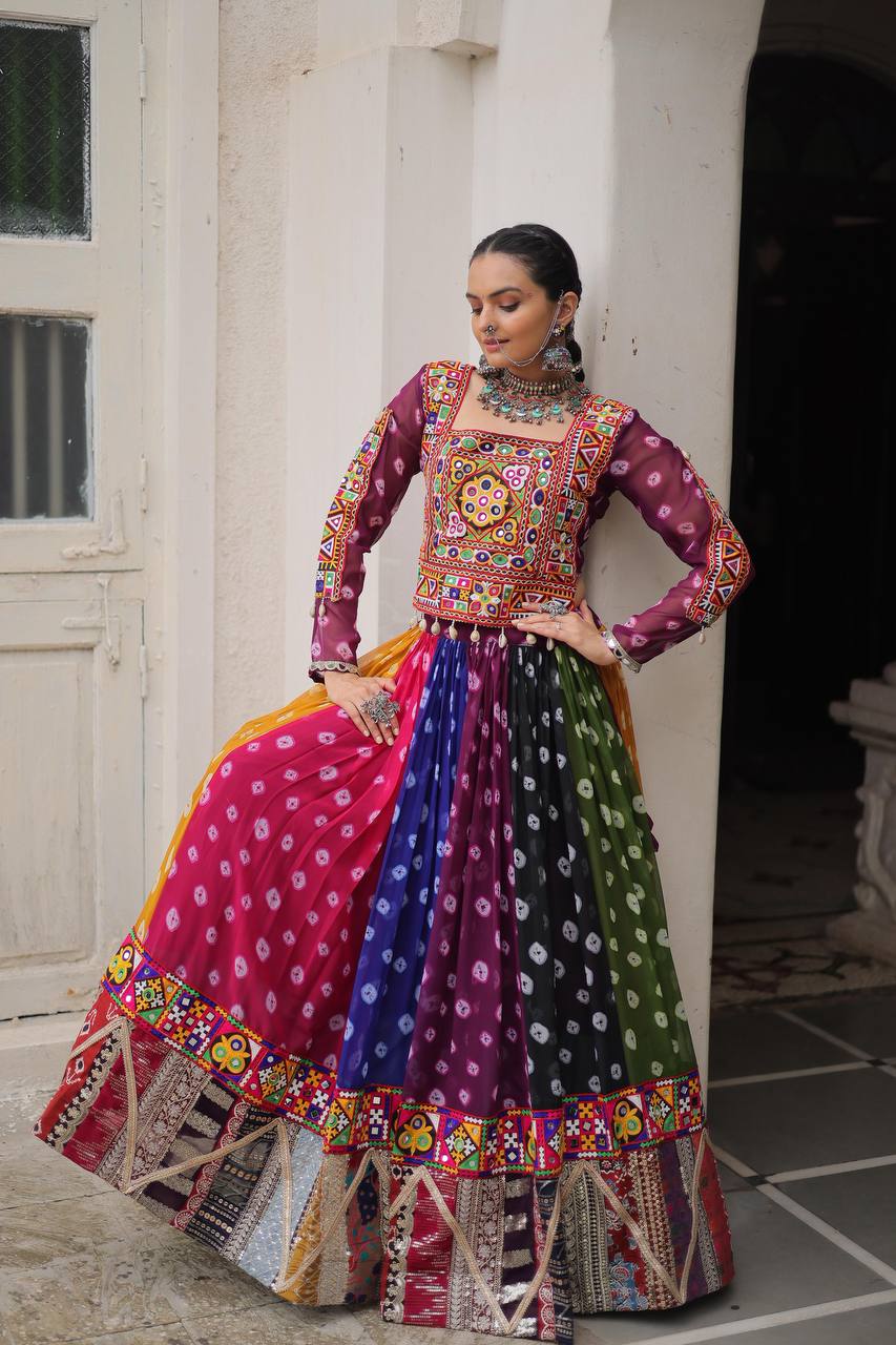 Navratri Wear Multi Color Printed Kutchi Gamthi Work Garba Lehenga Choli
