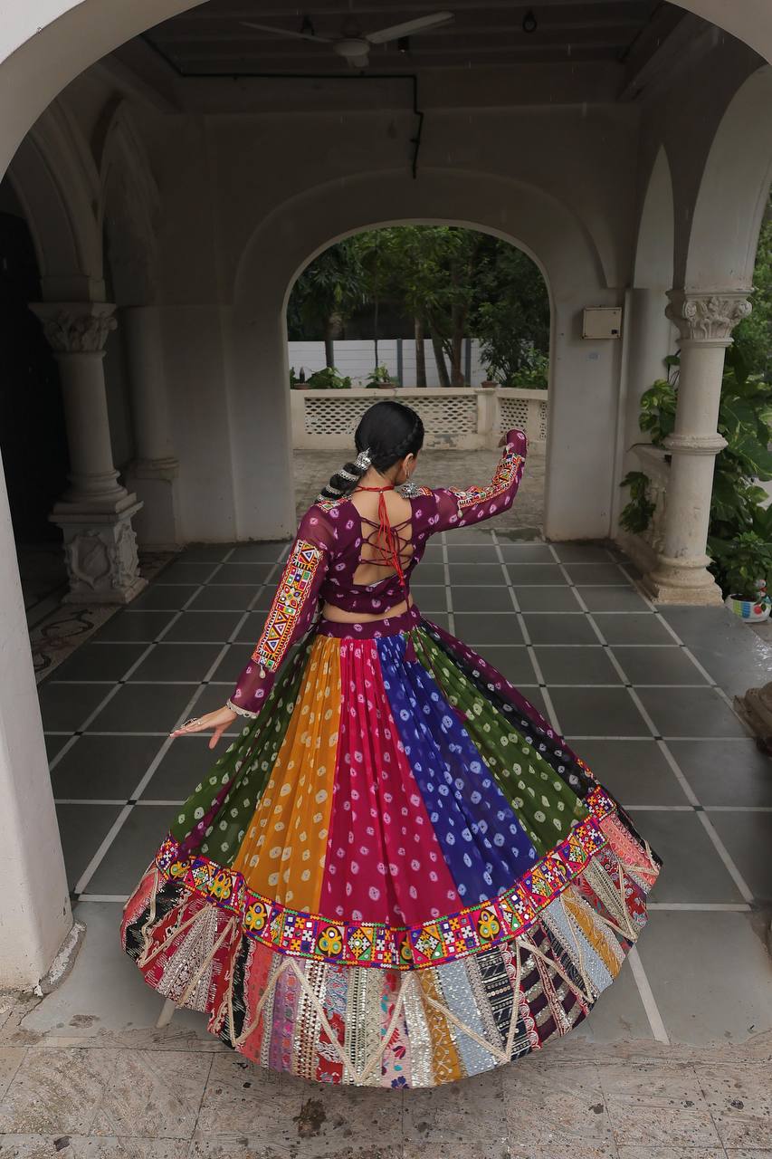 Navratri Wear Multi Color Printed Kutchi Gamthi Work Garba Lehenga Choli