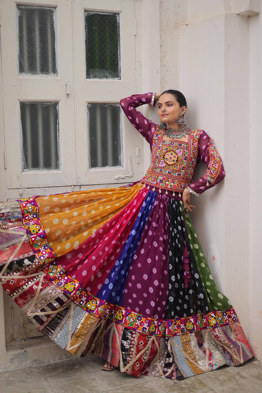 Navratri Wear Multi Color Printed Kutchi Gamthi Work Garba Lehenga Choli