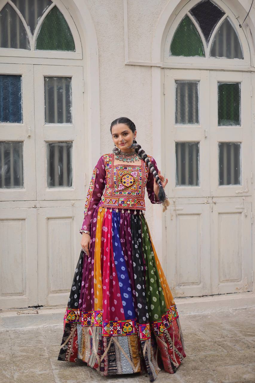 Navratri Wear Multi Color Printed Kutchi Gamthi Work Garba Lehenga Choli