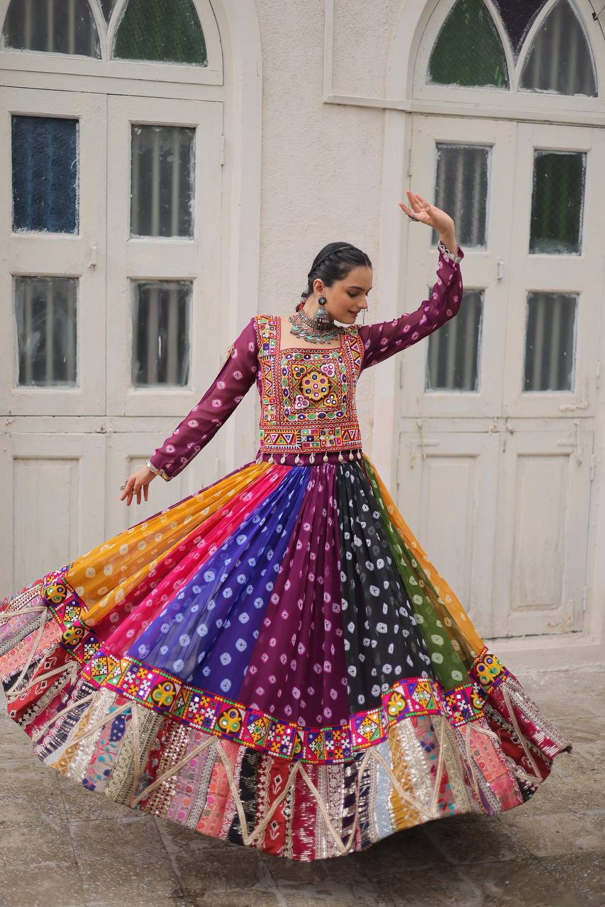 Navratri Wear Multi Color Printed Kutchi Gamthi Work Garba Lehenga Choli