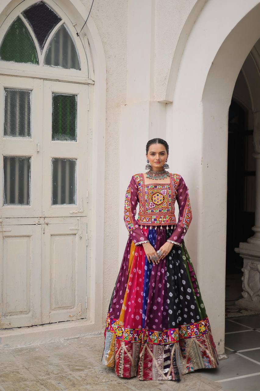Navratri Wear Multi Color Printed Kutchi Gamthi Work Garba Lehenga Choli