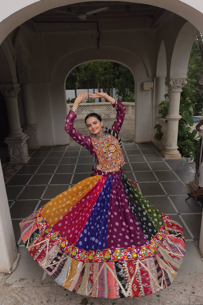 Navratri Wear Multi Color Printed Kutchi Gamthi Work Garba Lehenga Choli