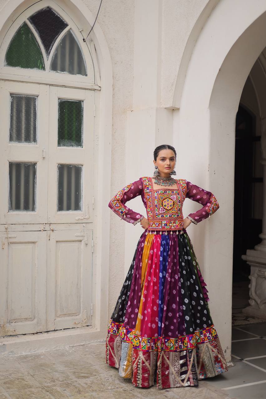 Navratri Wear Multi Color Printed Kutchi Gamthi Work Garba Lehenga Choli