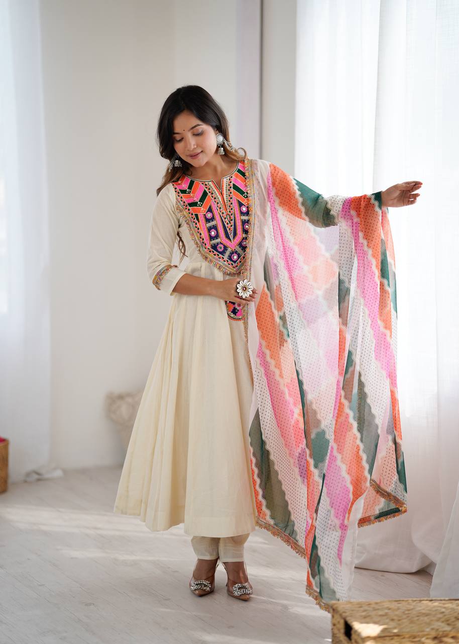 Designer Khadi Cotton Gown Set with Dupatta