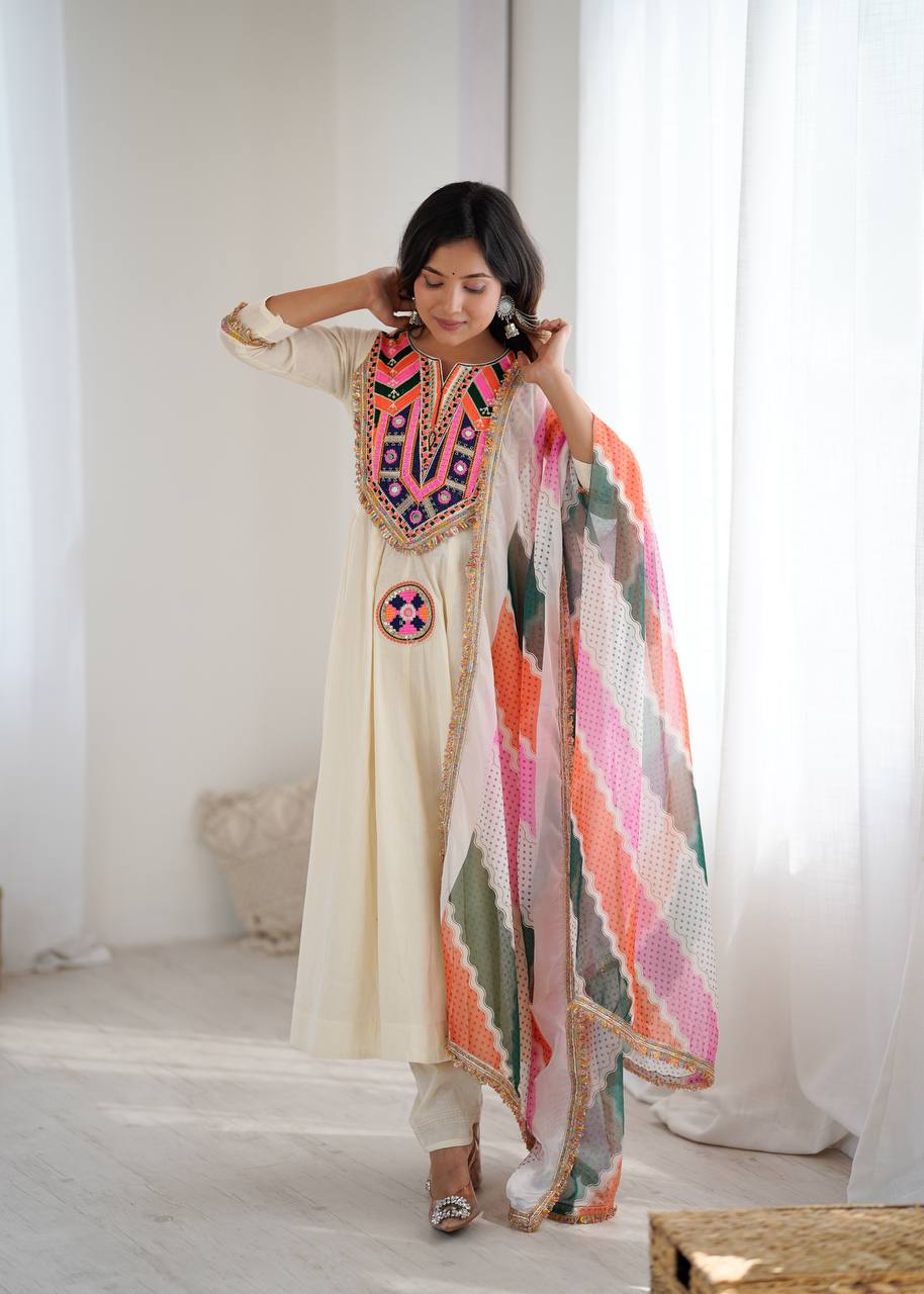 Designer Khadi Cotton Gown Set with Dupatta