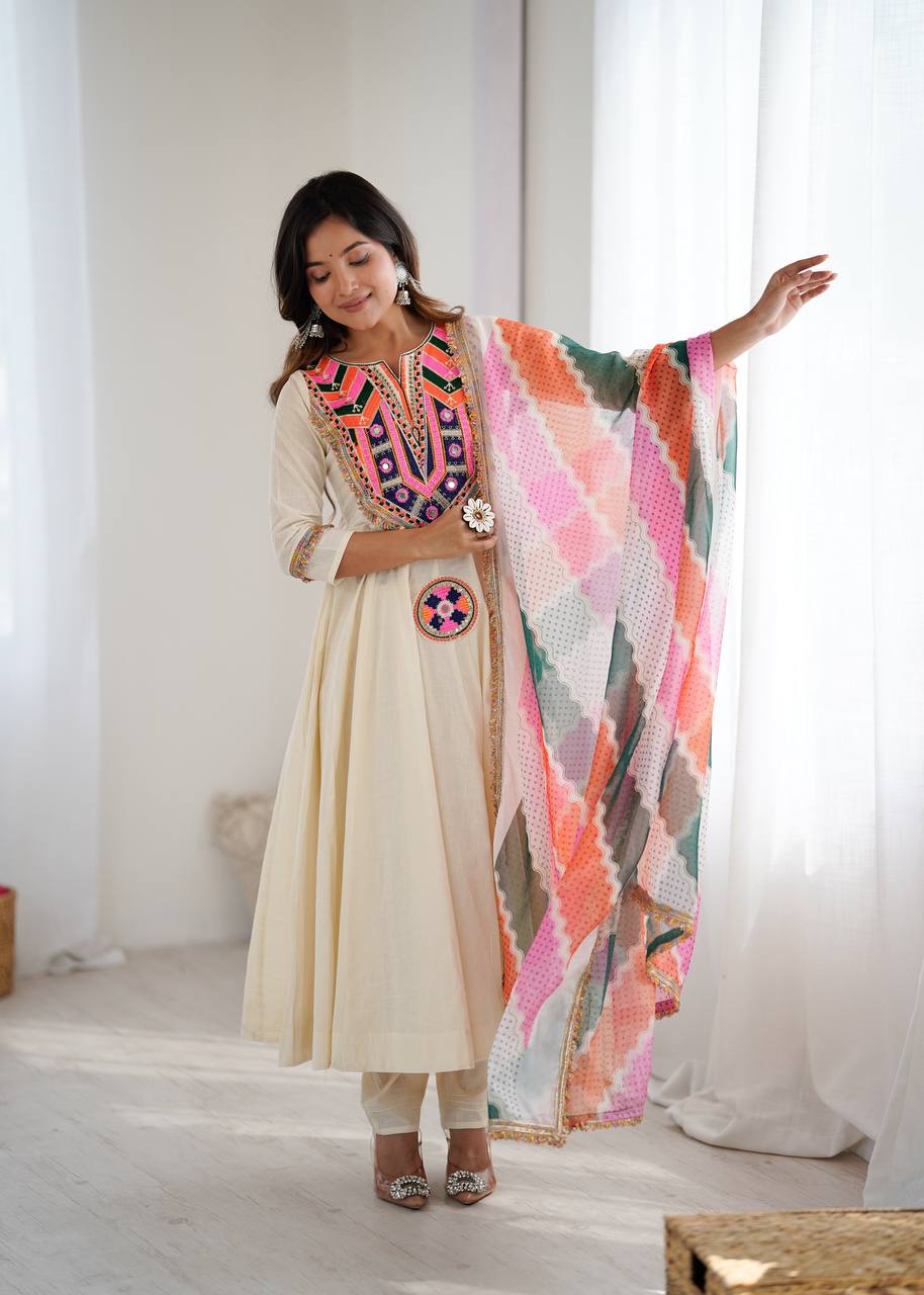 Designer Khadi Cotton Gown Set with Dupatta