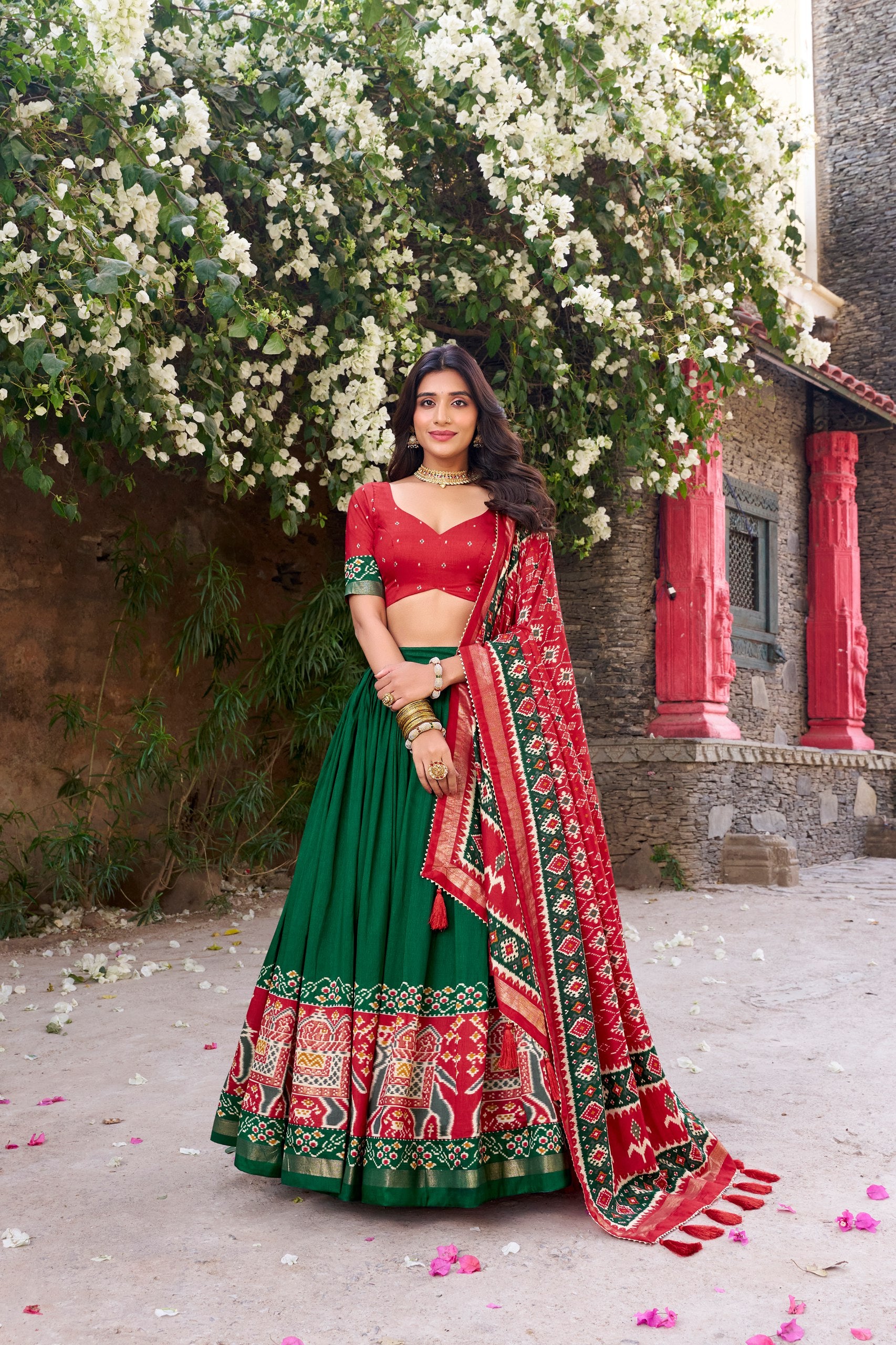 Traditional Wear Green Color Tussar Silk With Heavy Patola Printed Designer Lehenga Choli