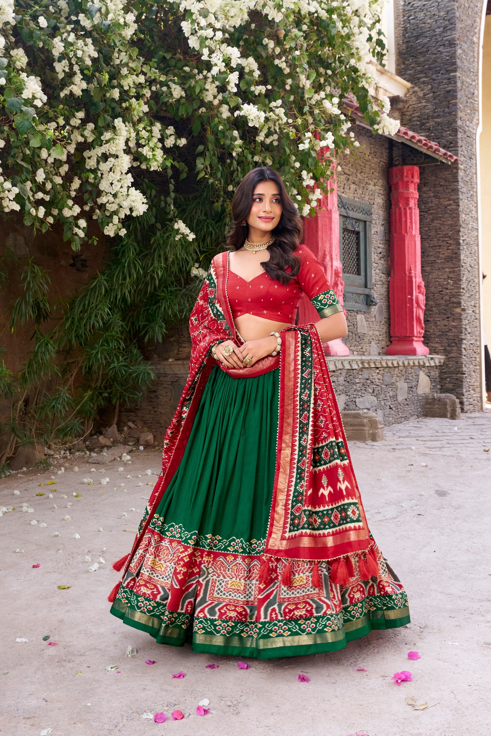 Traditional Wear Green Color Tussar Silk With Heavy Patola Printed Designer Lehenga Choli