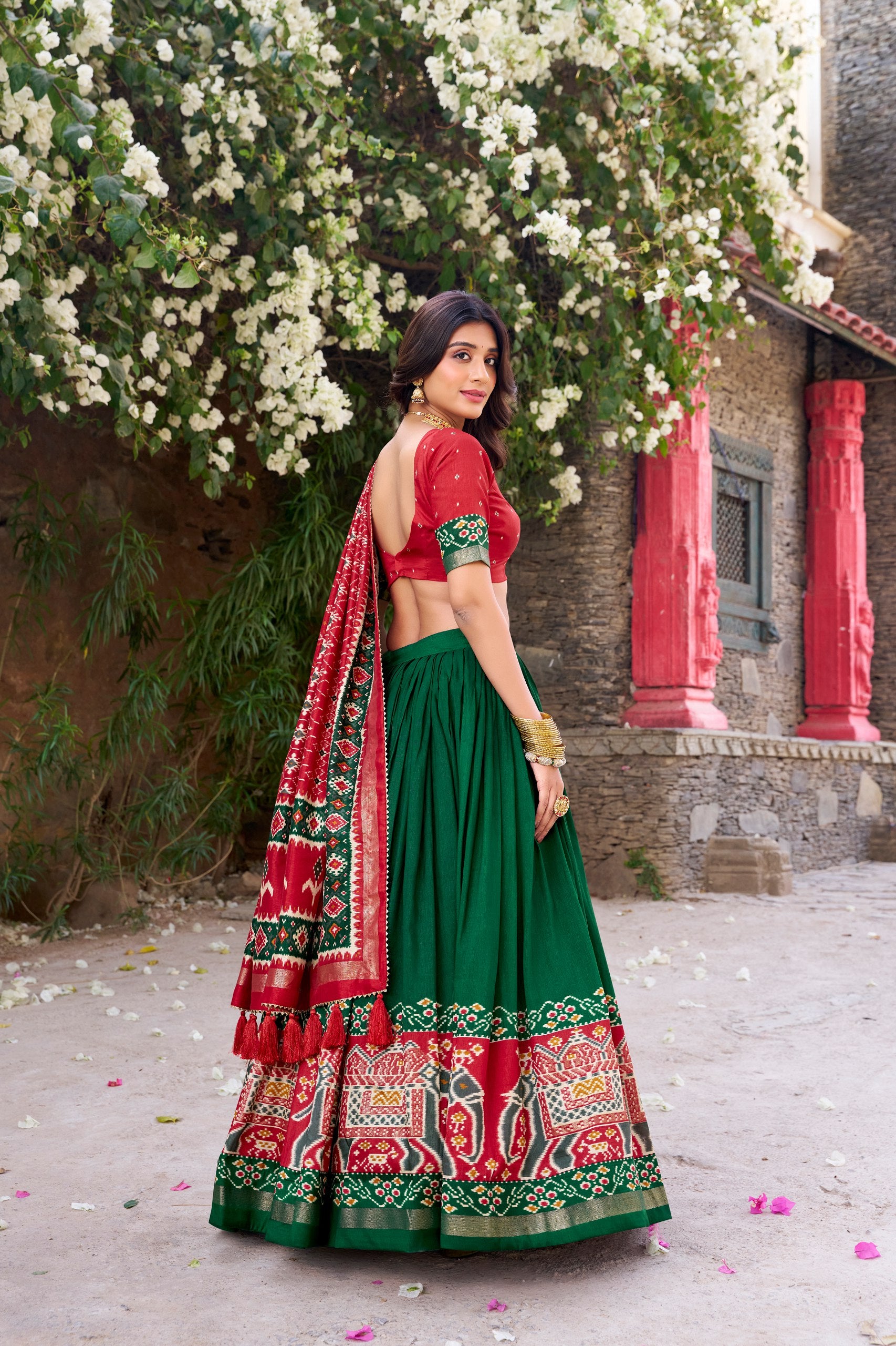 Traditional Wear Green Color Tussar Silk With Heavy Patola Printed Designer Lehenga Choli
