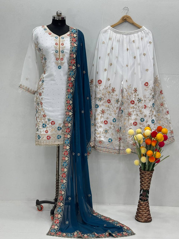 Party Wear Teal Blue Color Heavy Faux Georgette Embroidery Sequences With Stone Hand Work Palazzo Suit