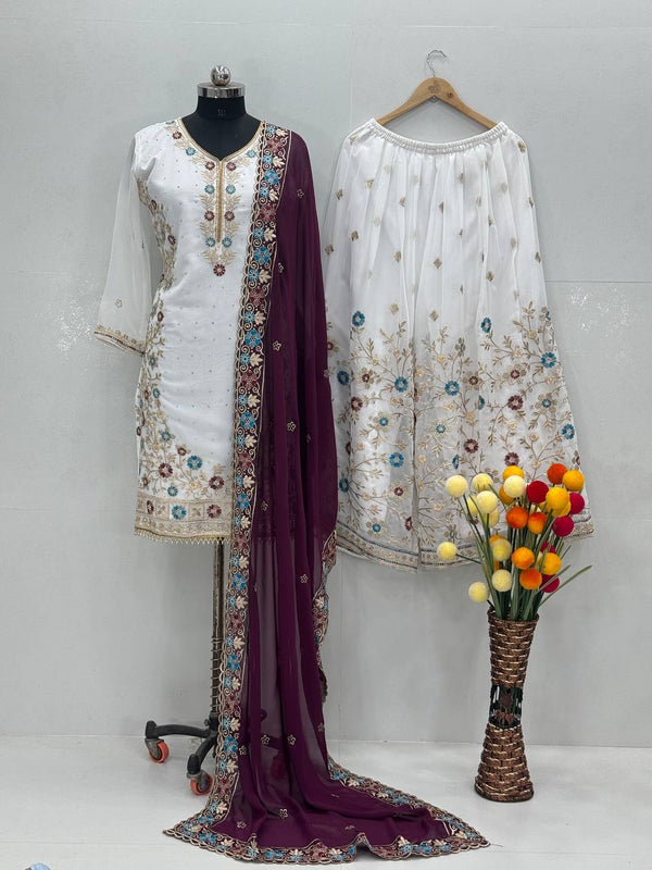 Party Wear Purple Color Heavy Faux Georgette Embroidery Sequences With Stone Hand Work Palazzo Suit