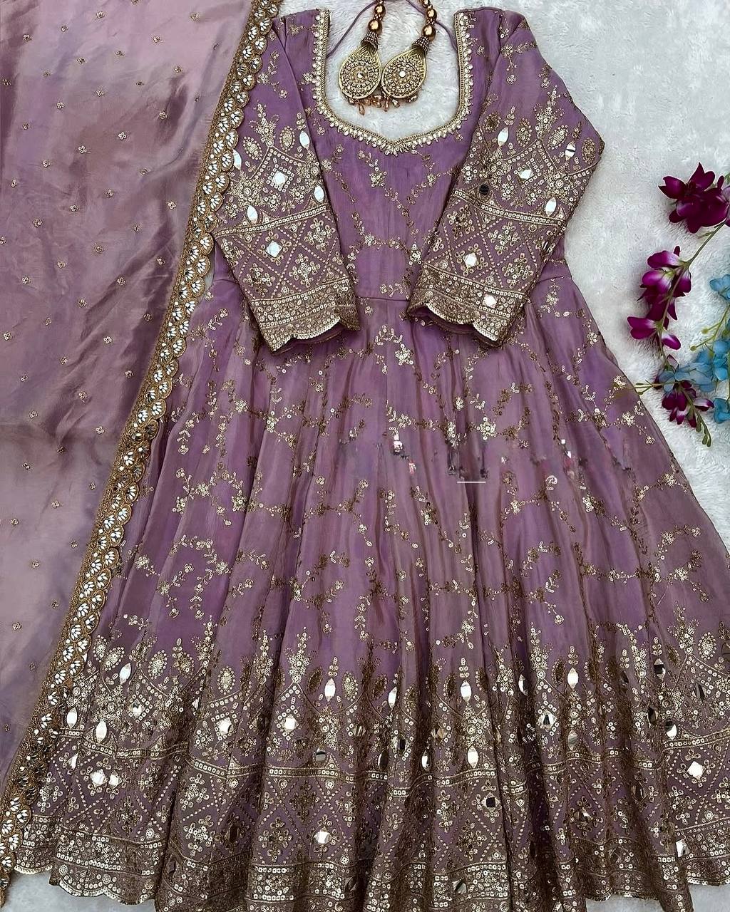 Stylish Lavender Color Heavy Chinon Silk With Embroidery Sequence Work Anarkali Gown