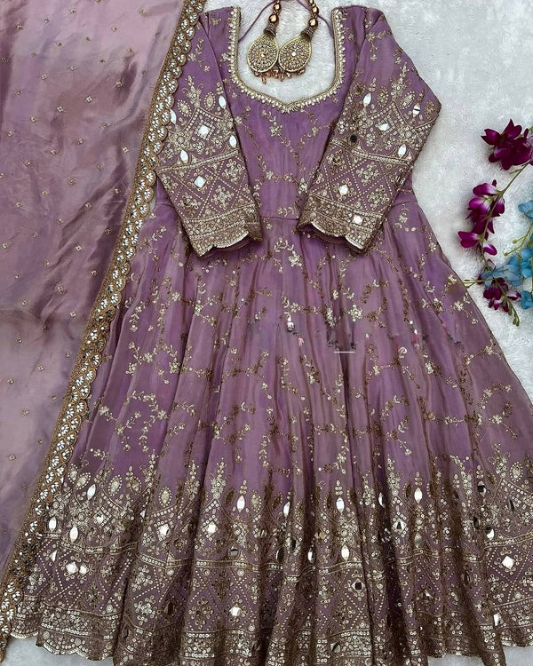 Stylish Lavender Color Heavy Chinon Silk With Embroidery Sequence Work Anarkali Gown