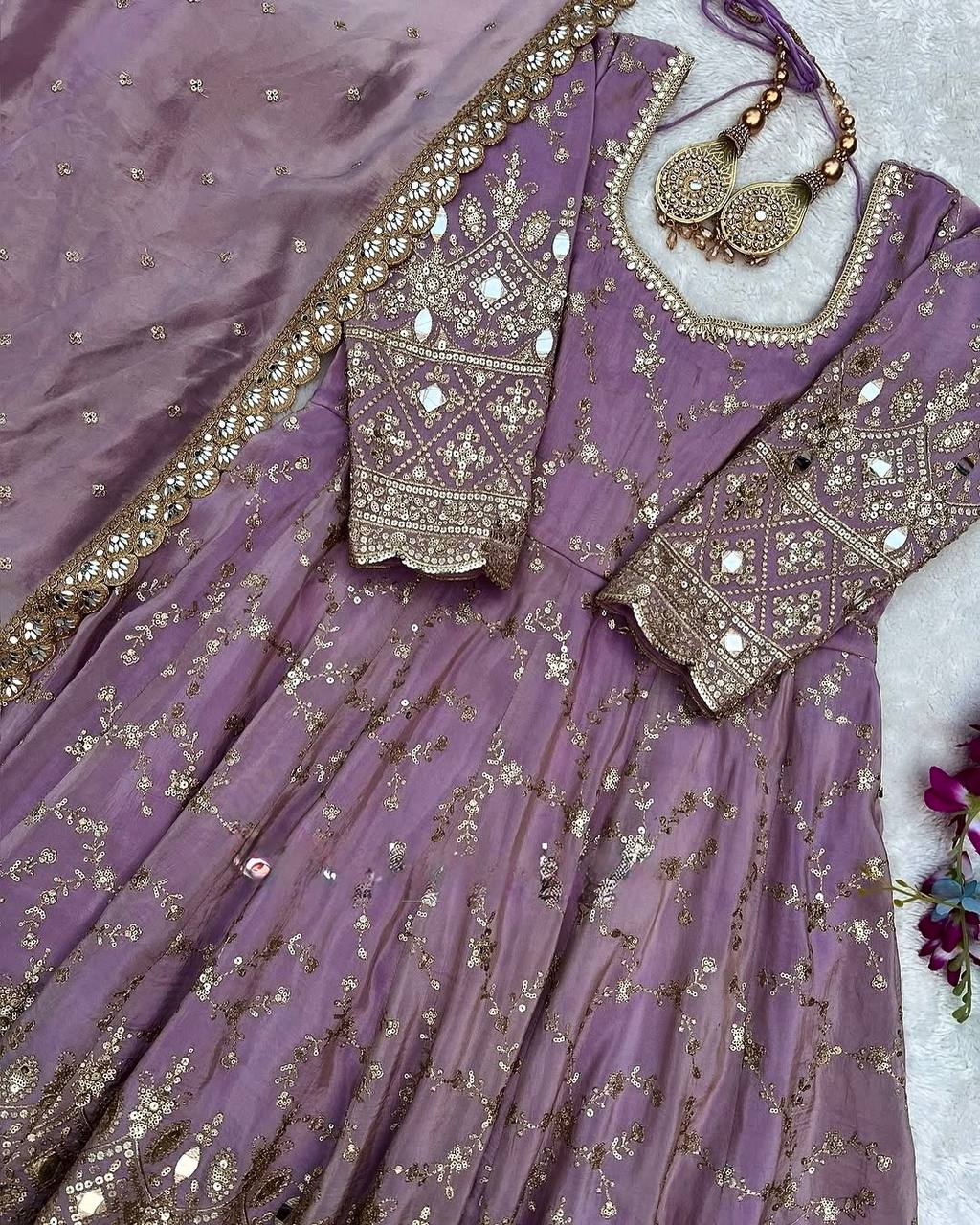 Stylish Lavender Color Heavy Chinon Silk With Embroidery Sequence Work Anarkali Gown