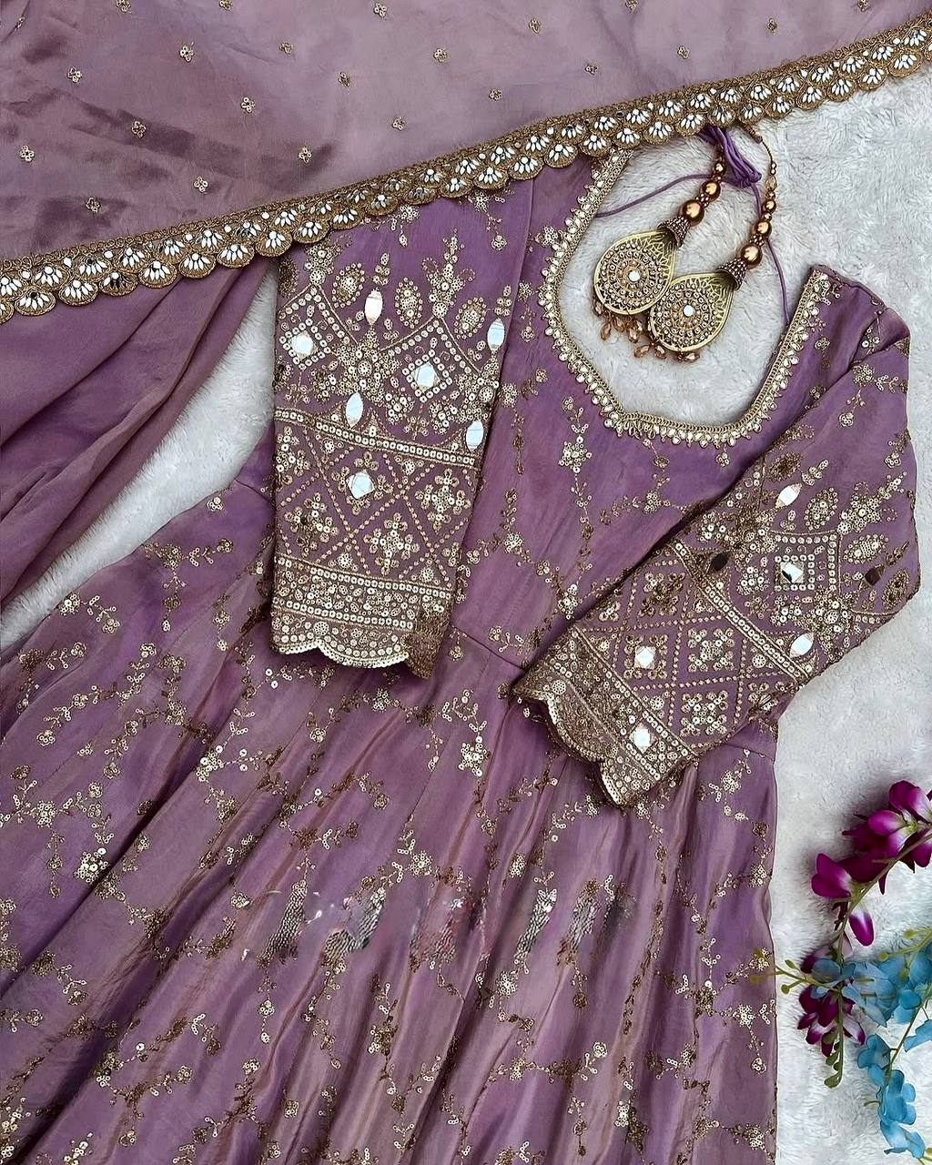 Stylish Lavender Color Heavy Chinon Silk With Embroidery Sequence Work Anarkali Gown