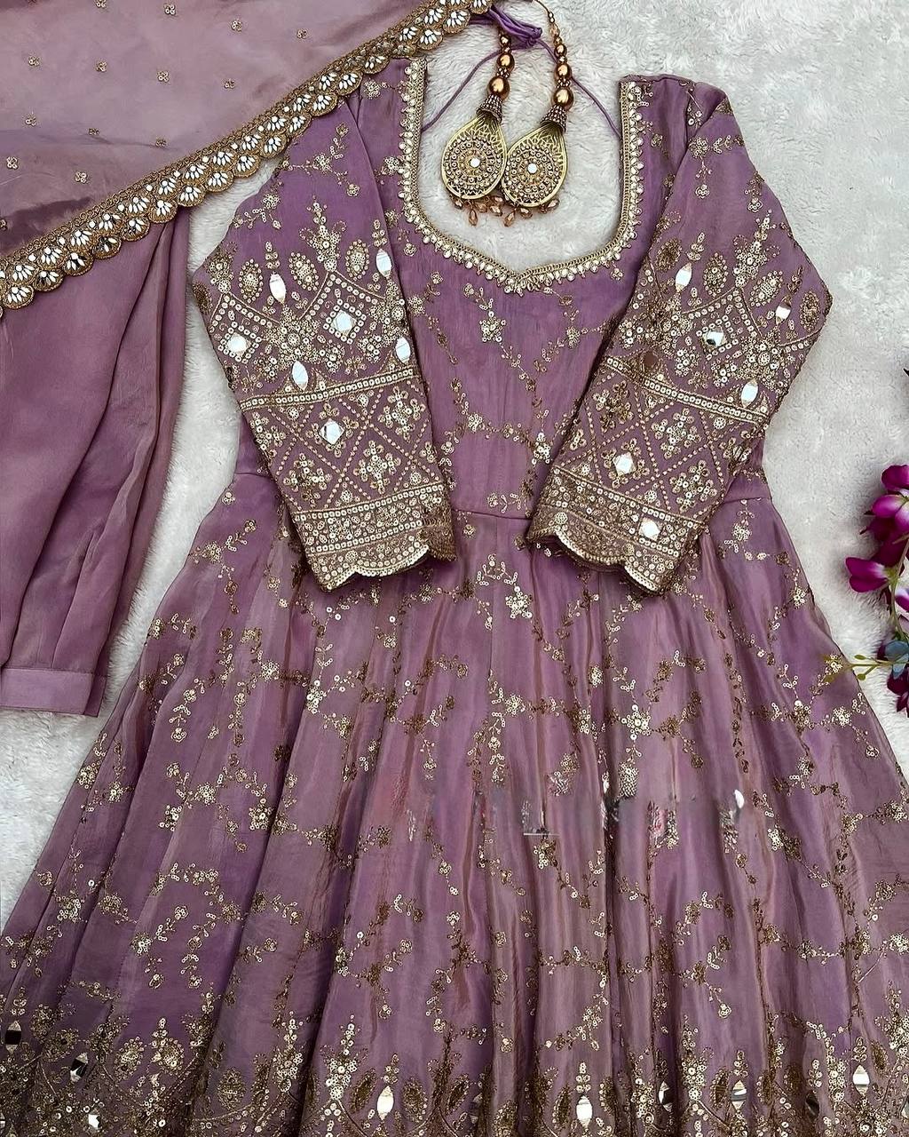 Stylish Lavender Color Heavy Chinon Silk With Embroidery Sequence Work Anarkali Gown