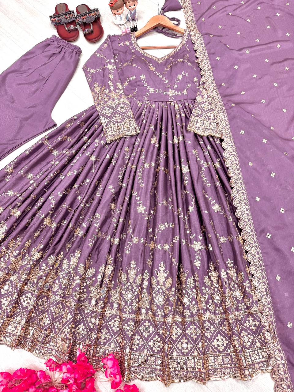 Stylish Lavender Color Heavy Chinon Silk With Embroidery Sequence Work Anarkali Gown
