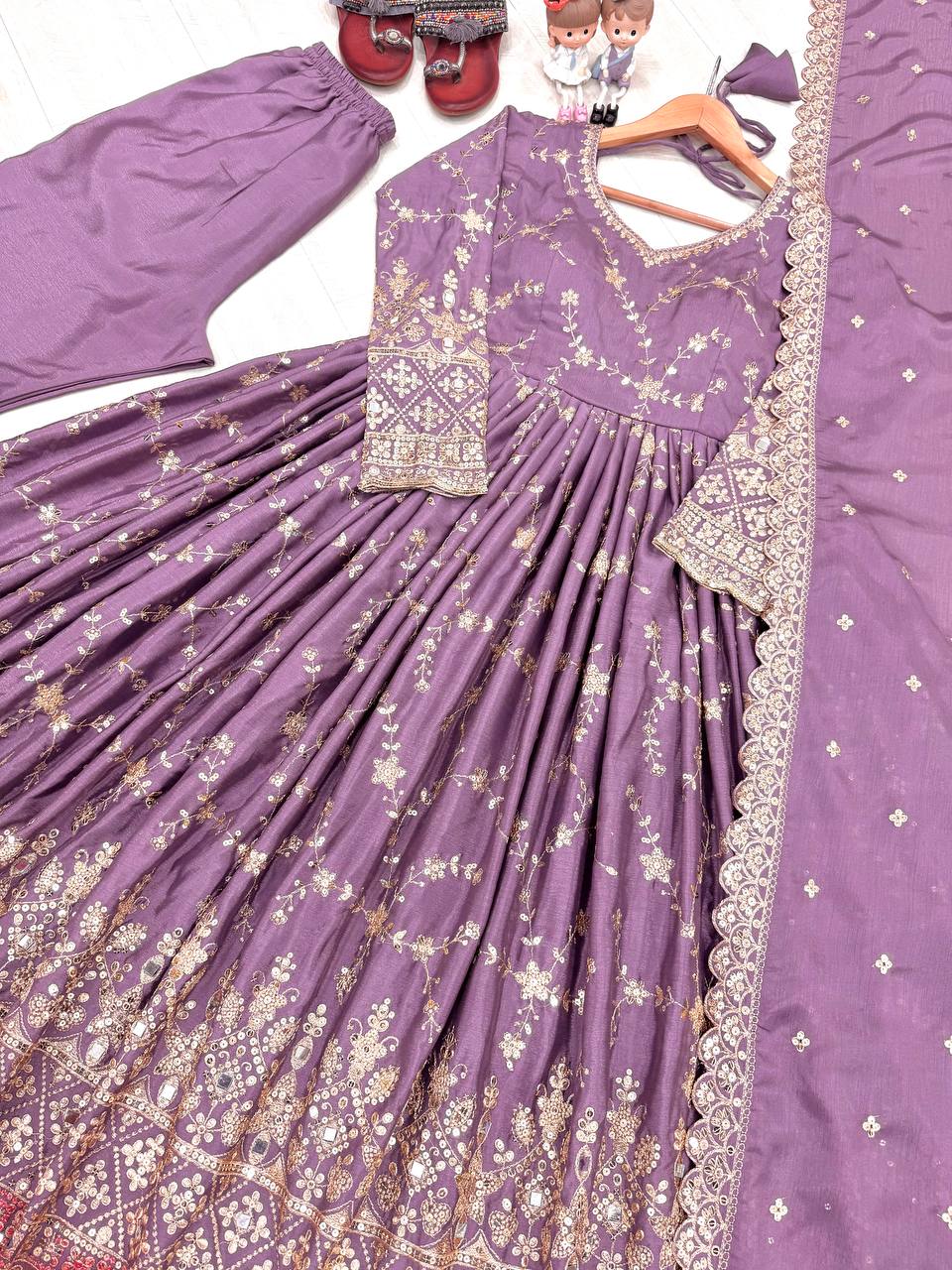 Stylish Lavender Color Heavy Chinon Silk With Embroidery Sequence Work Anarkali Gown