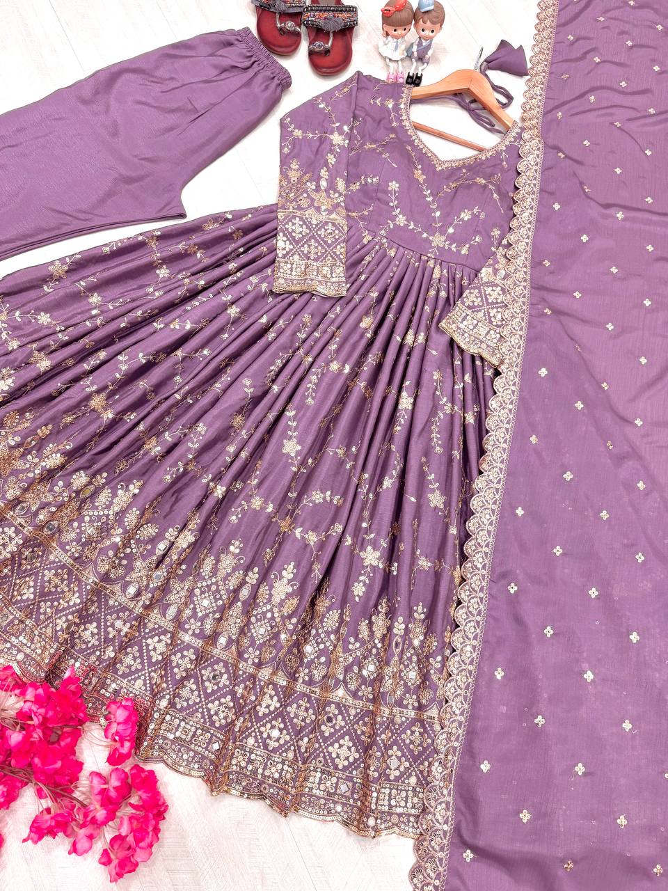 Stylish Lavender Color Heavy Chinon Silk With Embroidery Sequence Work Anarkali Gown