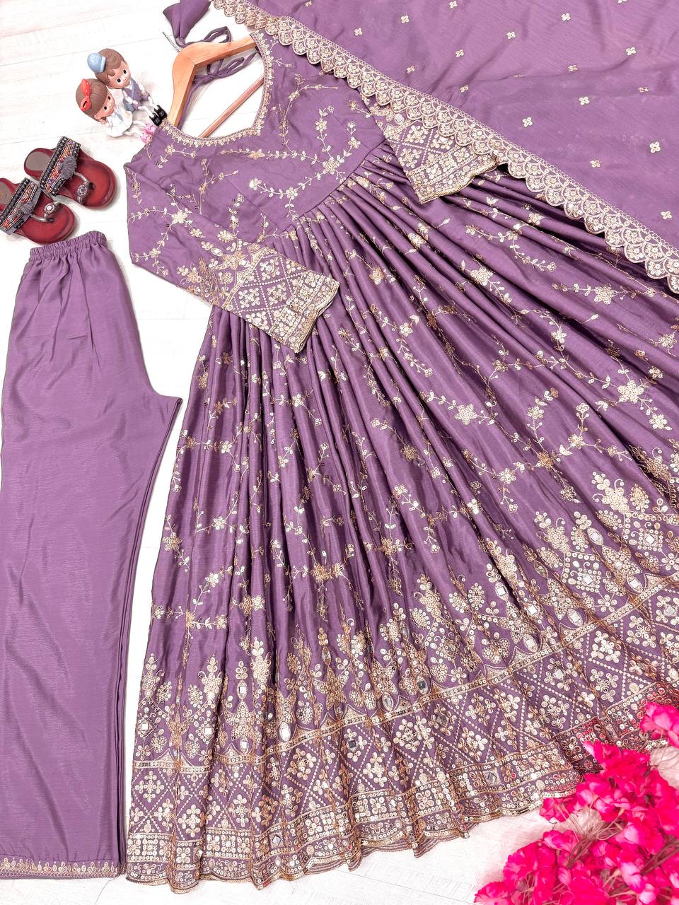 Stylish Lavender Color Heavy Chinon Silk With Embroidery Sequence Work Anarkali Gown