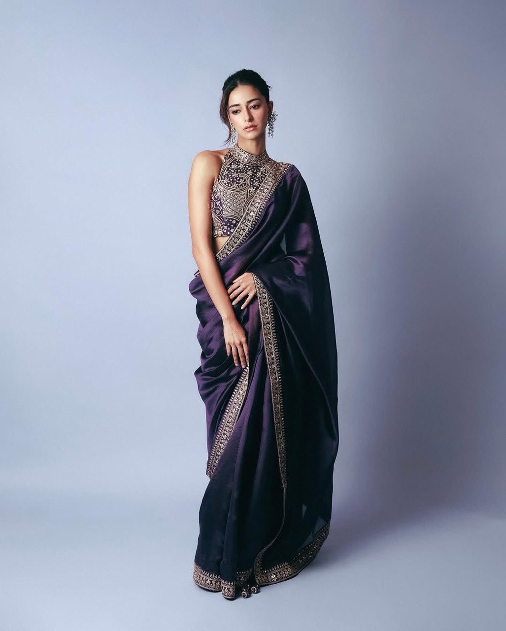 Ananya Pandey Wear Blue Color Jimmy Chu With Thread And Sequence Work Bollywood Saree