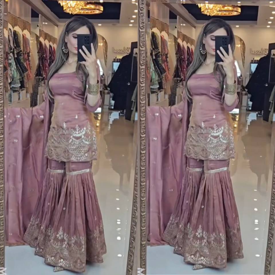 Outstanding Peach Color Natural Silk With Heavy Embroidery Work Beautiful Sharara Suit