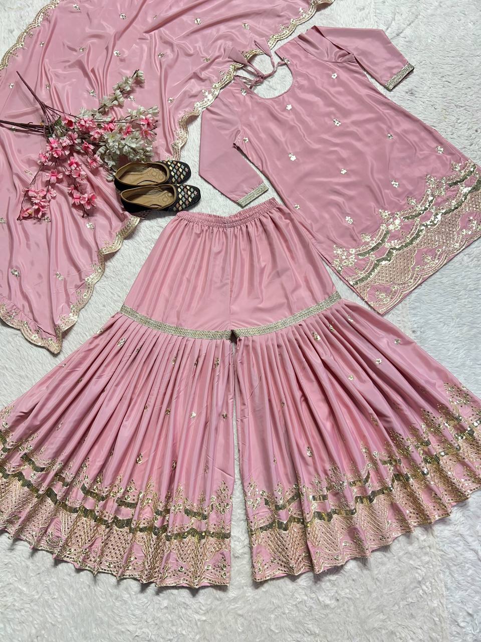 Outstanding Peach Color Natural Silk With Heavy Embroidery Work Beautiful Sharara Suit