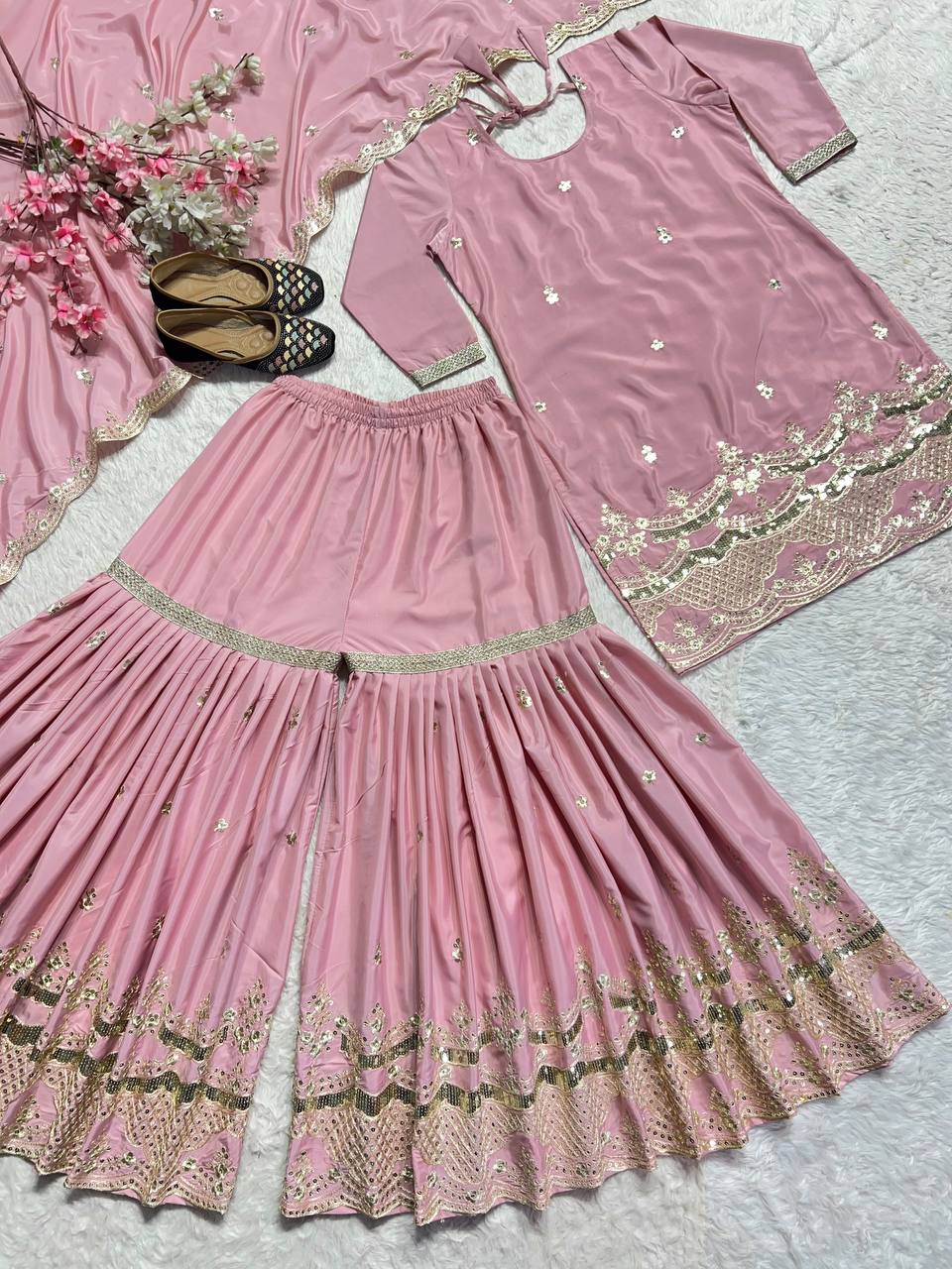 Outstanding Peach Color Natural Silk With Heavy Embroidery Work Beautiful Sharara Suit