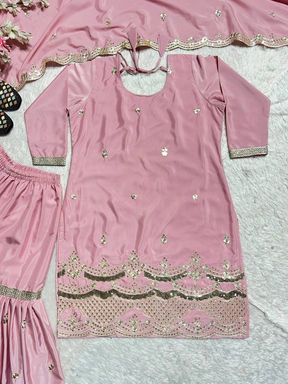 Outstanding Peach Color Natural Silk With Heavy Embroidery Work Beautiful Sharara Suit