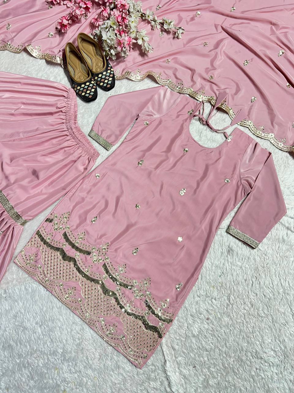 Outstanding Peach Color Natural Silk With Heavy Embroidery Work Beautiful Sharara Suit