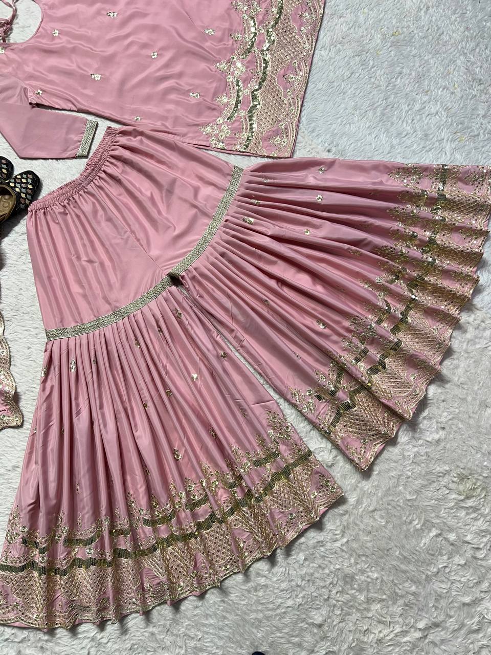 Outstanding Peach Color Natural Silk With Heavy Embroidery Work Beautiful Sharara Suit