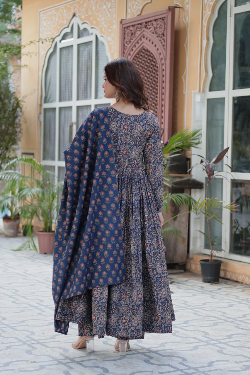 Good Looking Navy Blue Color Pure Cotton Designer Anarkali Suit