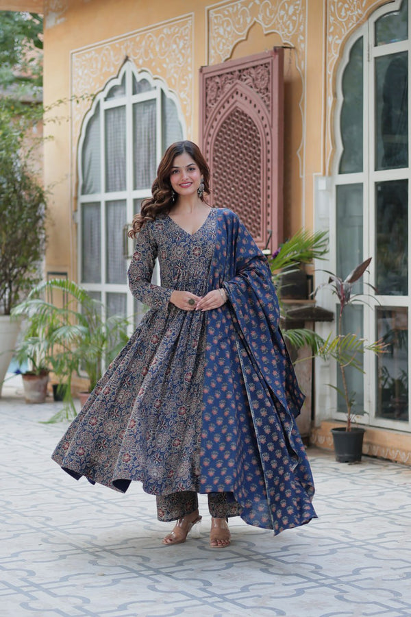 Good Looking Navy Blue Color Pure Cotton Designer Anarkali Suit