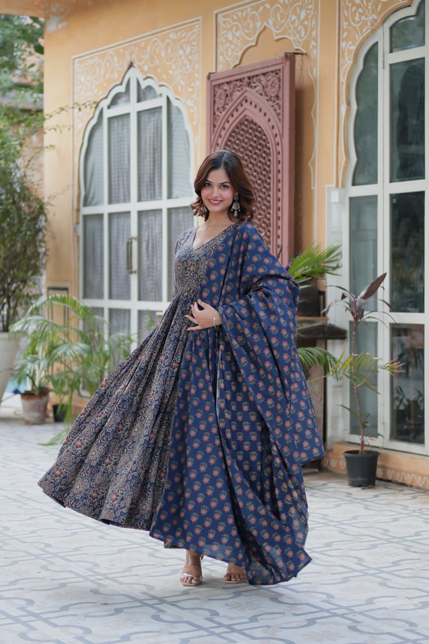 Good Looking Navy Blue Color Pure Cotton Designer Anarkali Suit