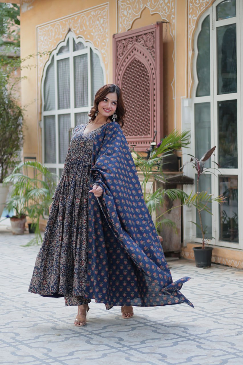 Good Looking Navy Blue Color Pure Cotton Designer Anarkali Suit