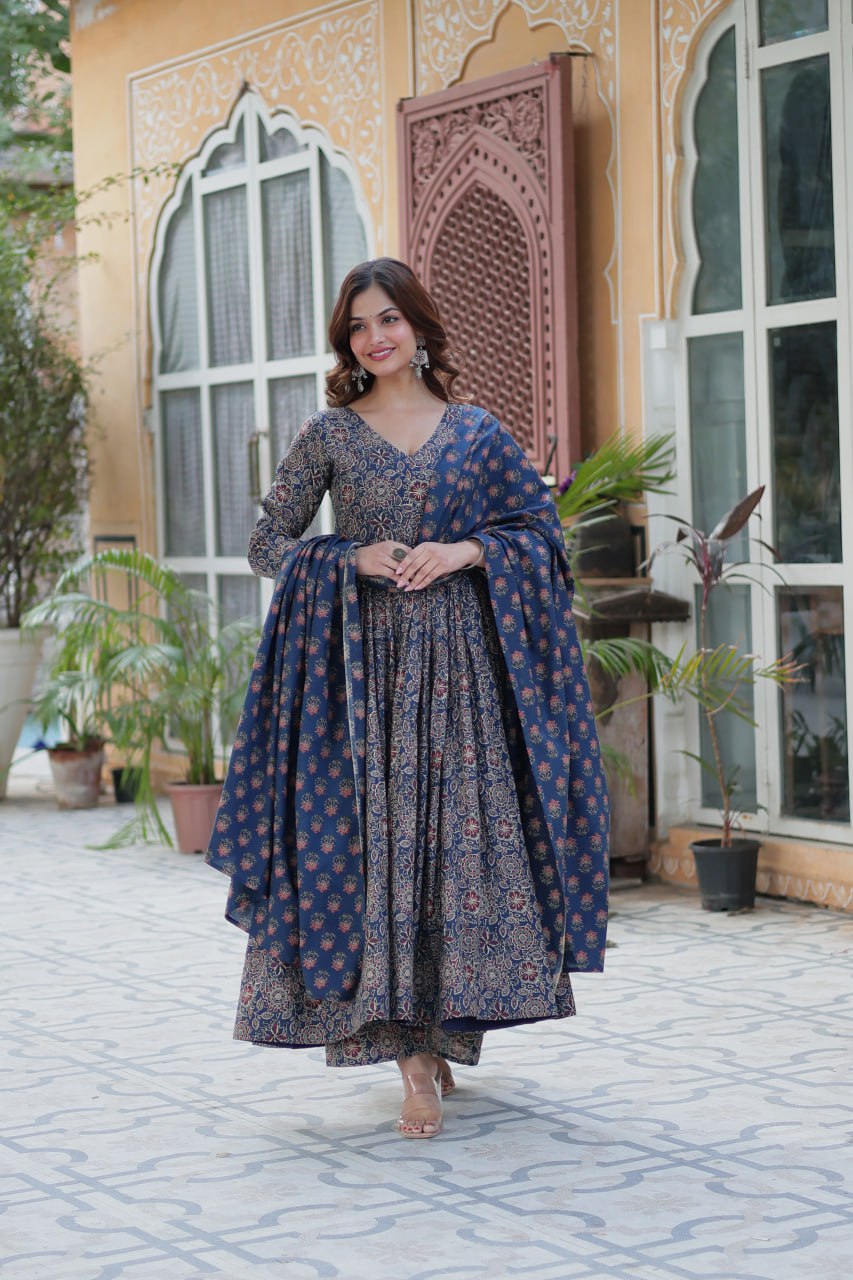 Good Looking Navy Blue Color Pure Cotton Designer Anarkali Suit