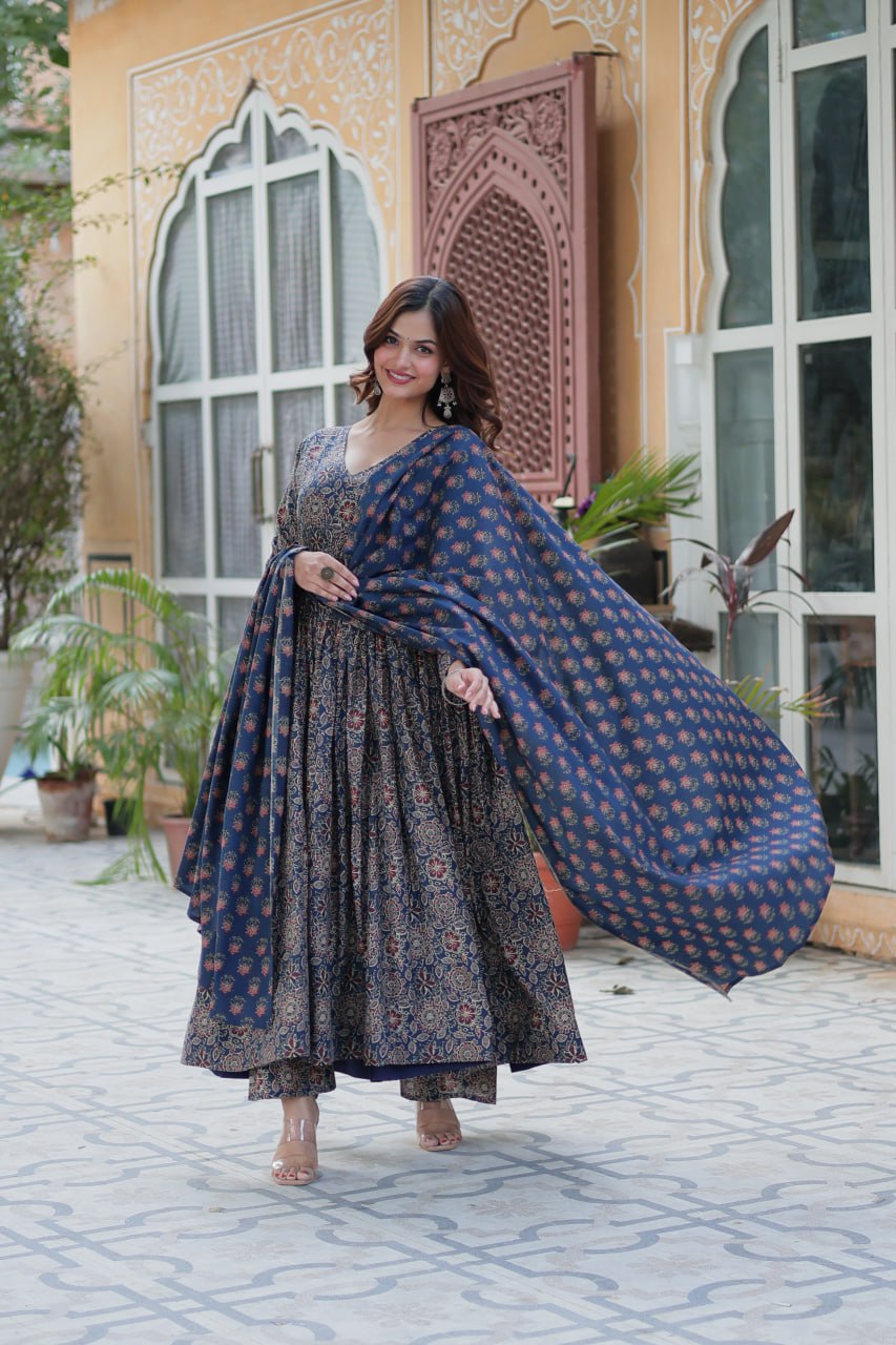 Good Looking Navy Blue Color Pure Cotton Designer Anarkali Suit