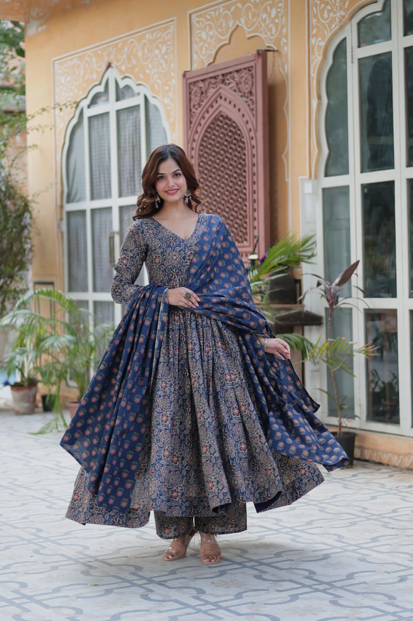 Good Looking Navy Blue Color Pure Cotton Designer Anarkali Suit