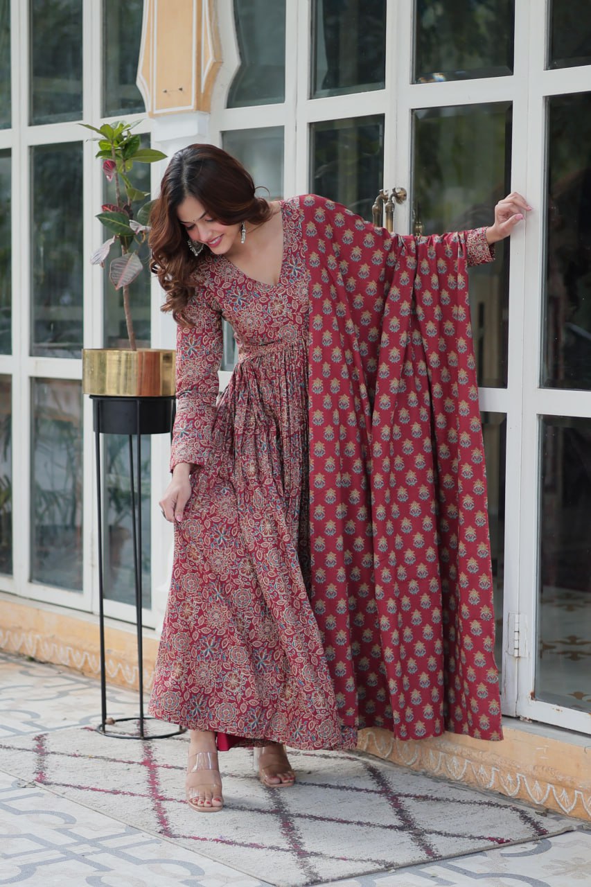 Attractive Maroon Color Pure Cotton Designer Anarkali Suit