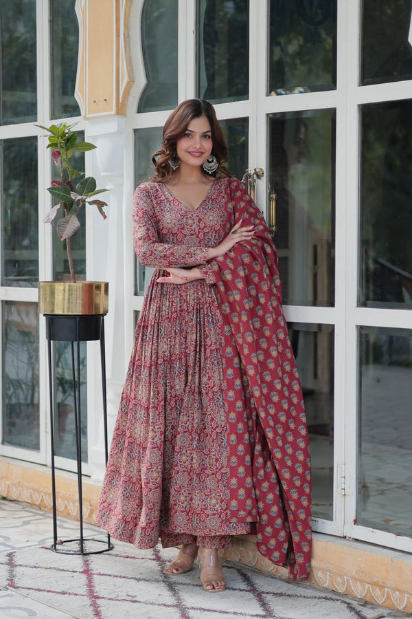 Attractive Maroon Color Pure Cotton Designer Anarkali Suit