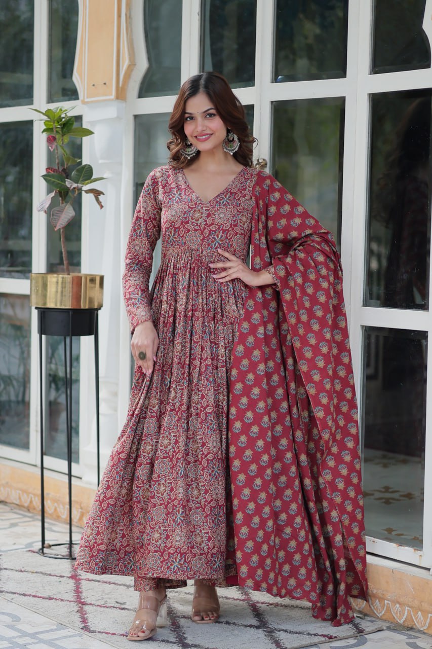 Attractive Maroon Color Pure Cotton Designer Anarkali Suit