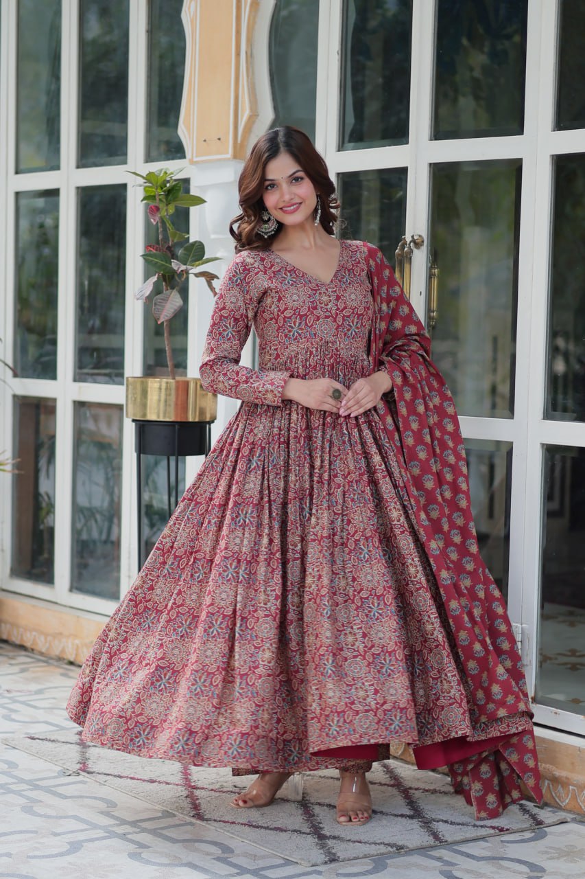 Attractive Maroon Color Pure Cotton Designer Anarkali Suit