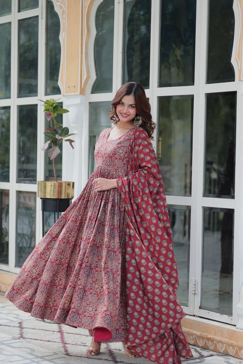 Attractive Maroon Color Pure Cotton Designer Anarkali Suit