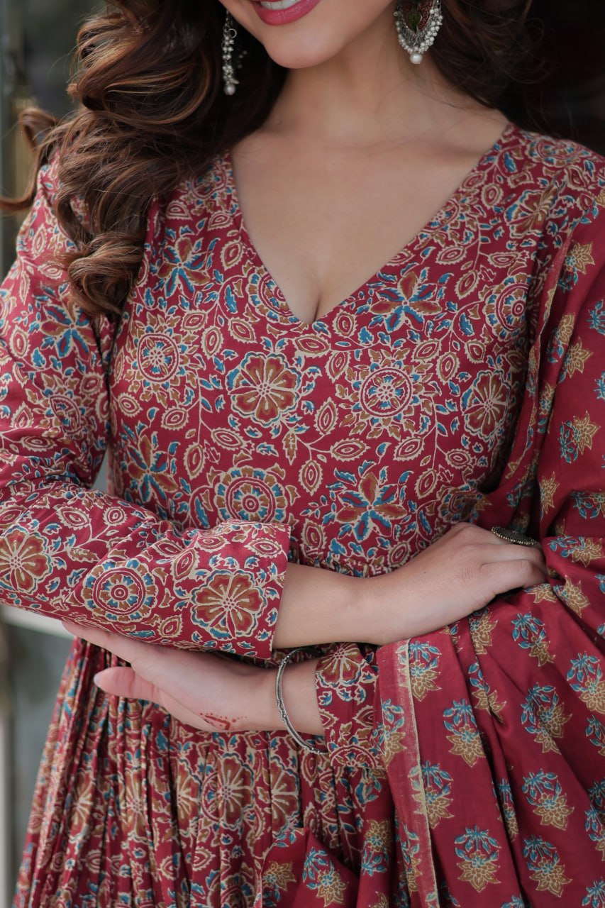 Attractive Maroon Color Pure Cotton Designer Anarkali Suit