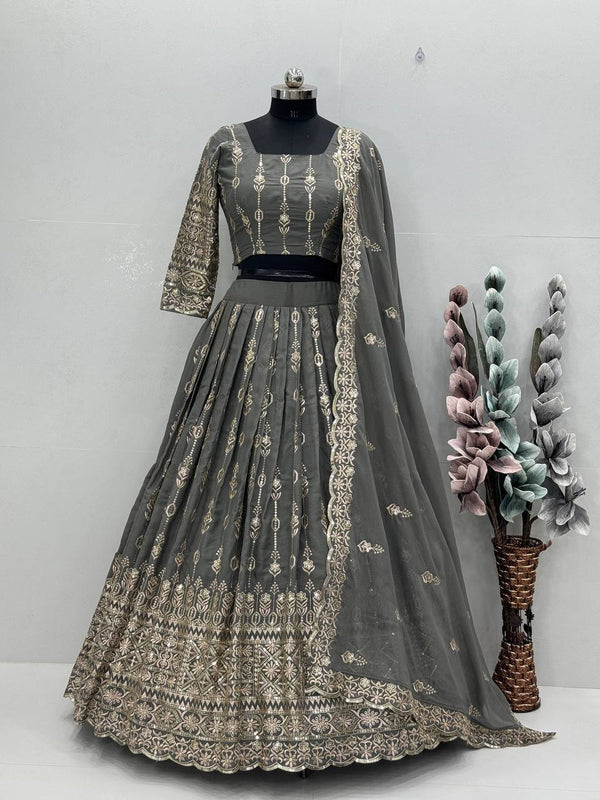 Alluring Grey Color Georgette Heavy Embroidered Sequence Work Designer Lehenga Choli