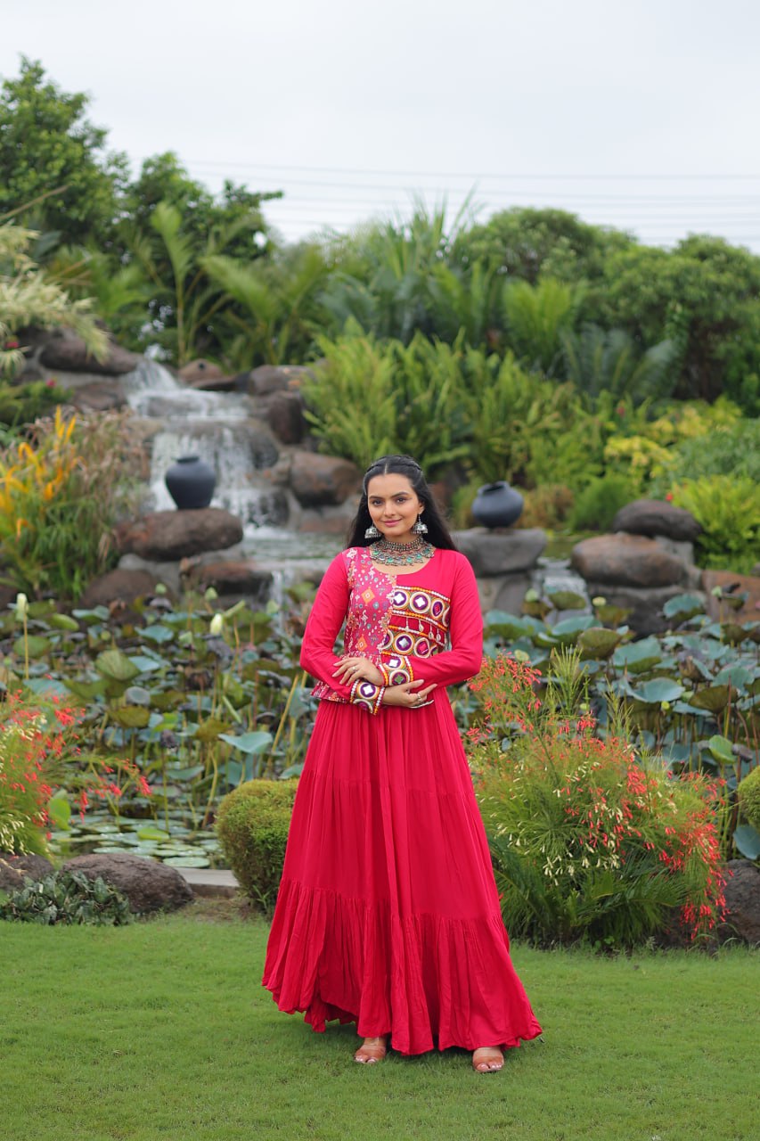 Navratri Wear Kutchi Gamthi Embroidered Frill Designer Gown
