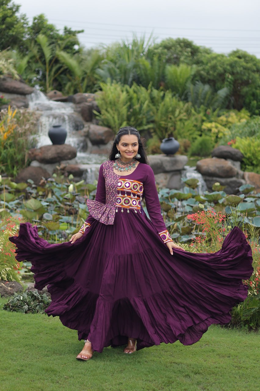Navratri Wear Kutchi Gamthi Embroidered Frill Designer Gown